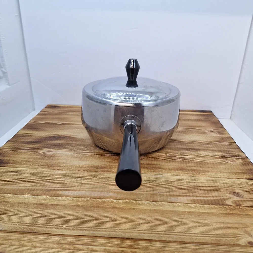 Vintage Japan Stainless Steel Fondue‎ Pot Black Handle w/lid